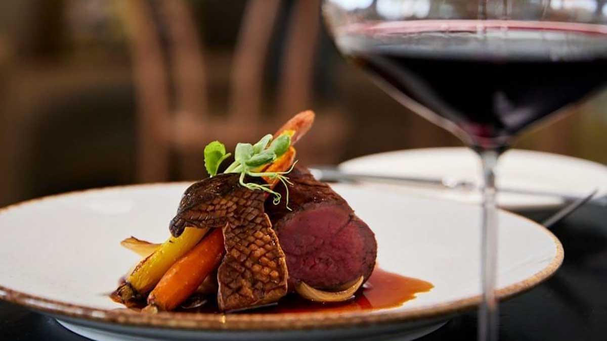Ức vịt quay ăn cùng sốt vang đỏ sánh đậm dùng với vang Merlot