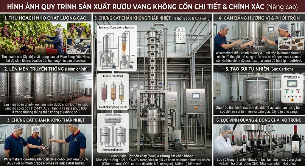 Quy trình tách cồn rượu vang trong nhà máy hiện đại làm giảm ethanol bằng công nghệ chuyên dụng